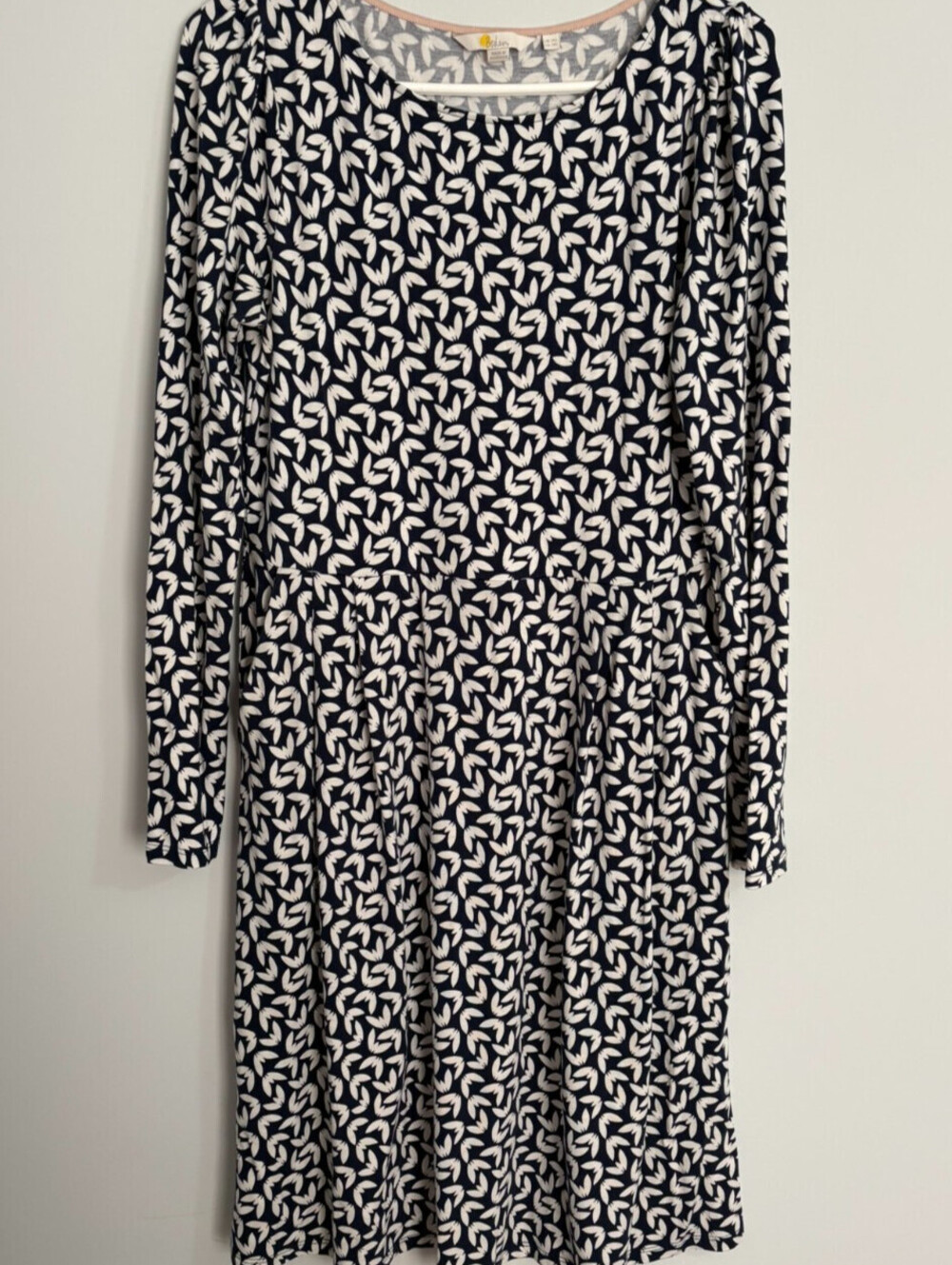 Boden Dress Size 10L Francesca Jersey Long Sleeve Navy White Pockets